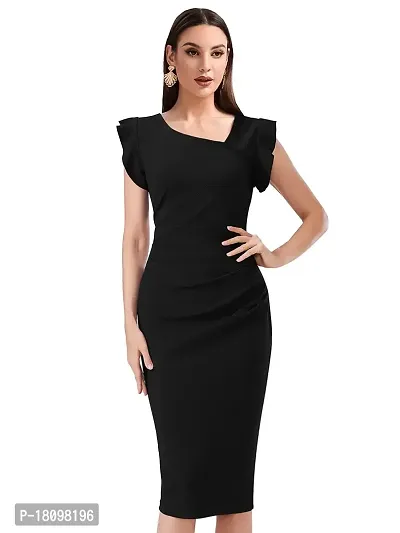 TESSAVEGAS Women's Asymmetrical Neck Short Sleeve Dress (M, Black)-thumb2