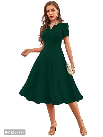 TESSAVEGAS, Women's  Girls' A-LINE Puss Sleeve Knee Length Dress (L, Green)