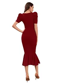 TESSAVEGAS Women's Puff MIDI Bodycon Dress (L, Maroon)-thumb3