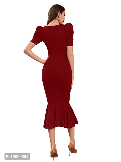 TESSAVEGAS Women's Puff MIDI Bodycon Dress (L, Maroon)-thumb4