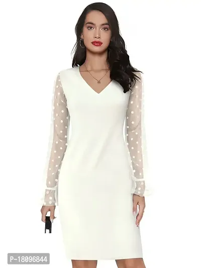 TESSAVEGAS, Women's Mesh V Neck Bodycon Knee Length Dress (XL, White)-thumb2
