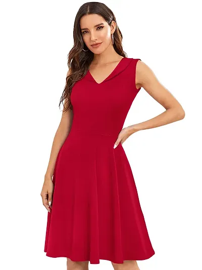 TESSAVEGAS Women's and Girl's A-Line V Neck Sleeveless Dress (L, Red)