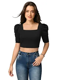 TESSAVEGAS Women's and Girl's Square Neck Puff Sleeve Crop Top (XL, Black)-thumb1