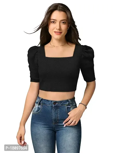 TESSAVEGAS Women's and Girl's Square Neck Puff Sleeve Crop Top (XL, Black)-thumb2