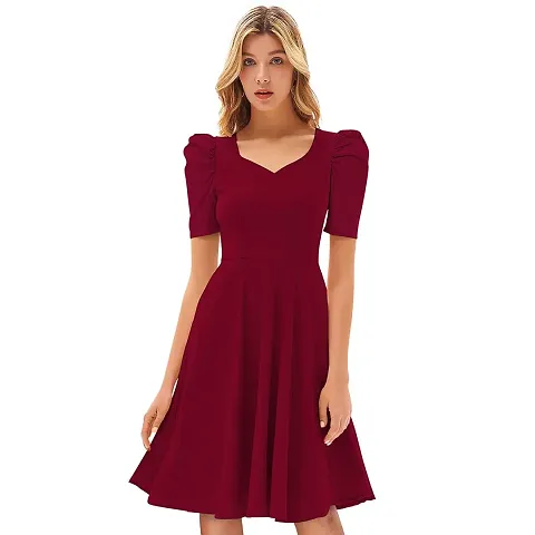 Tessavegas, Women's A-LINE MIDI Maxi Puff Sleeve Dress (XL, MAROON)