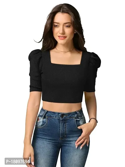 TESSAVEGAS Women's and Girl's Square Neck Puff Sleeve Crop Top (XL, Black)