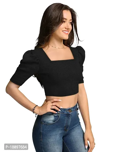 TESSAVEGAS Women's and Girl's Square Neck Puff Sleeve Crop Top (XL, Black)-thumb3