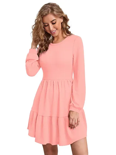 Tessavegas, Women's Long Puff Sleeve Dress (S, PEACH)