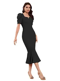 TESSAVEGAS Women's and Girl's Puff Sleeve MIDI Bodycon Dress (L, Black)-thumb2