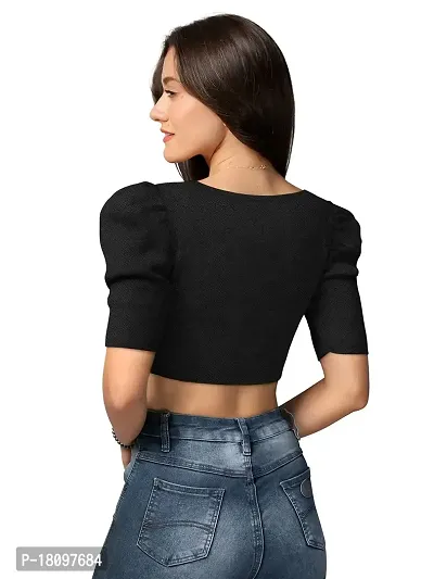 TESSAVEGAS Women's and Girl's Square Neck Puff Sleeve Crop Top (XL, Black)-thumb5