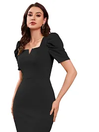 TESSAVEGAS Women's and Girl's Puff Sleeve MIDI Bodycon Dress (L, Black)-thumb4