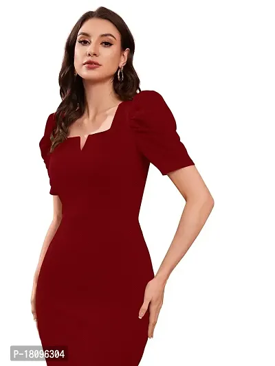 TESSAVEGAS Women's Puff MIDI Bodycon Dress (L, Maroon)-thumb5