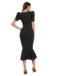 TESSAVEGAS Women's and Girl's Puff Sleeve MIDI Bodycon Dress (L, Black)-thumb3