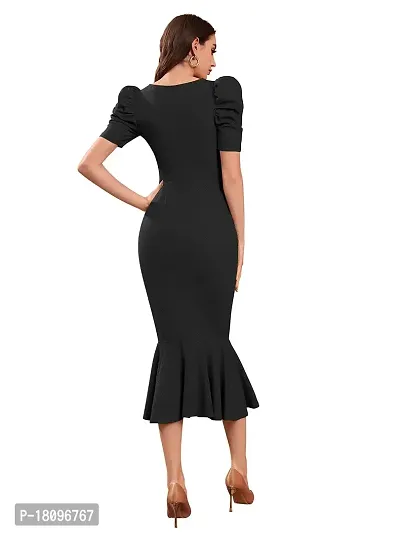 TESSAVEGAS Women's and Girl's Puff Sleeve MIDI Bodycon Dress (L, Black)-thumb4