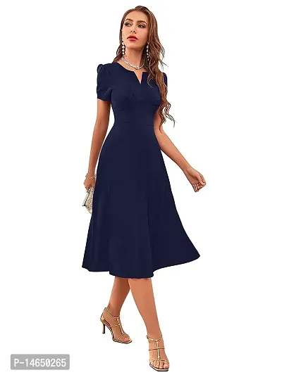 Stylish Navy Blue Polyester Fit And Flare For Women