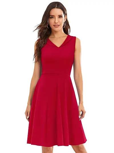 TESSAVEGAS Women's V Neck Sleeveless Dress (L, Red)