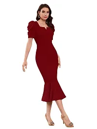 TESSAVEGAS Women's Puff MIDI Bodycon Dress (L, Maroon)-thumb1