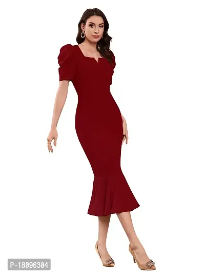 TESSAVEGAS Women's Puff MIDI Bodycon Dress (L, Maroon)-thumb2