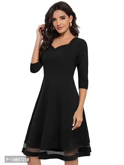 TESSAVEGAS Women's Sweetheart Neck 3/4 Sleeve Knee Length Dress (L, Black)-thumb3