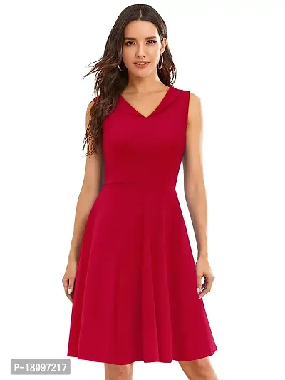 TESSAVEGAS Women's and Girl's A-Line V Neck Sleeveless Dress (L, Red)-thumb2