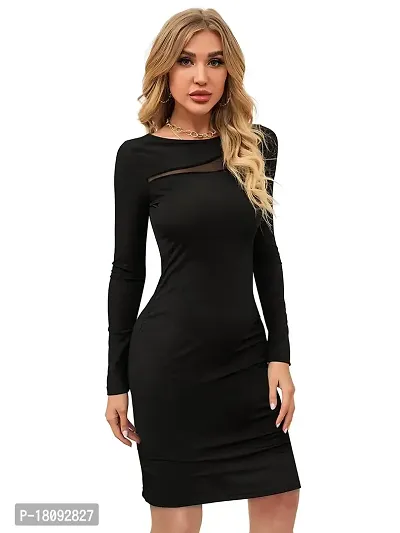 Tessavegas, Women's Mesh Long Sleeve Bodycon Dress (M, BLACK)-thumb2