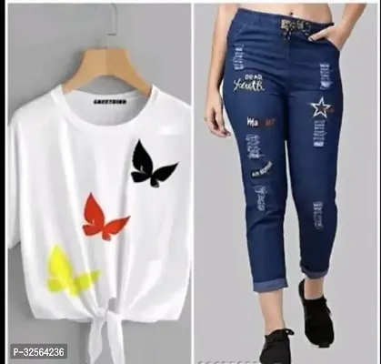 Combo Off Stylish printed T-Shirt and Denim Printed Jeans For Womens  Gils  dark blue jeans white t-shit-thumb0