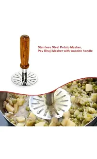 Kitchen Stainless Steel Potato Masher, Pav Bhaji Masher with Wooden Handle-thumb1