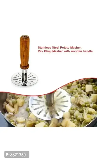 Kitchen Stainless Steel Potato Masher, Pav Bhaji Masher with Wooden Handle-thumb2