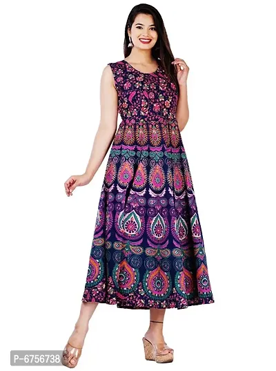 Stylish Cotton Printed Purple A-Line Dress For Women