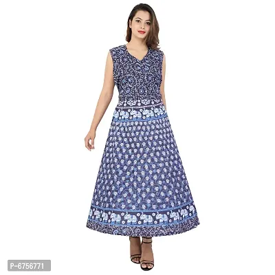 Stylish Cotton Printed Blue A-Line Dress For Women-thumb0