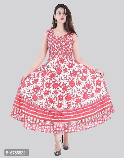 Stylish Cotton Printed Red A-Line Dress For Women