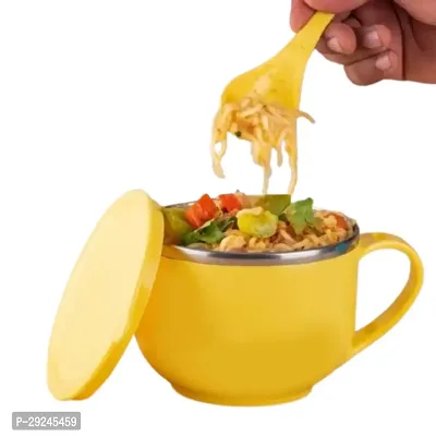 Maggi Noodles Soup Bowl Lid Spoon  Folk Handle Glossy Plastic Cover Inner Stainless Steel Insulated Cup Food Grade Material Storage Container Freezer Dishwasher Safe 500ML Mug-thumb0