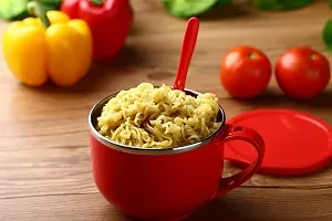 Maggi Noodles Soup Bowl Lid Spoon  Folk Handle Glossy Plastic Cover Inner Stainless Steel Insulated Cup Food Grade Material Storage Container Freezer Dishwasher Safe 500ML Mug-thumb2