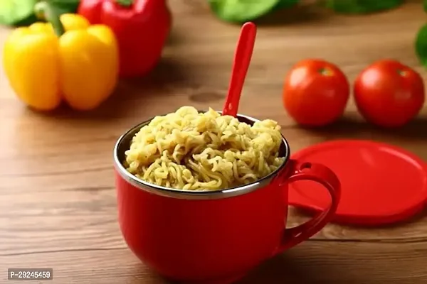 Maggi Noodles Soup Bowl Lid Spoon  Folk Handle Glossy Plastic Cover Inner Stainless Steel Insulated Cup Food Grade Material Storage Container Freezer Dishwasher Safe 500ML Mug-thumb3