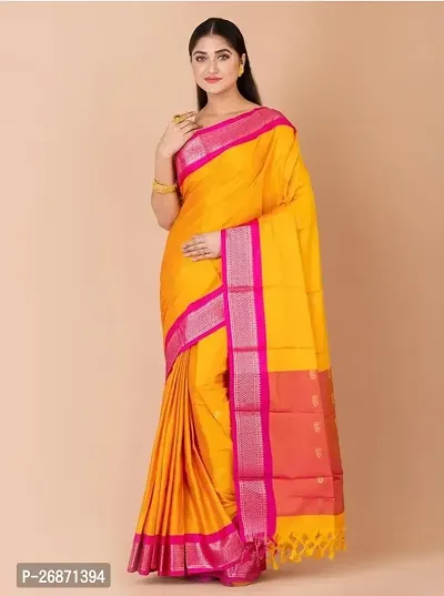 Traditional Yellow Cotton Silk Saree with Blouse piece For Women-thumb0