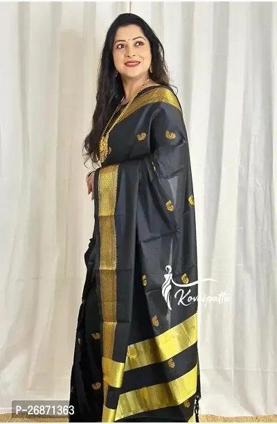 Traditional Black Cotton Silk Saree with Blouse piece For Women-thumb0