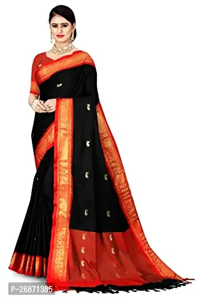 Traditional Black Cotton Silk Saree with Blouse piece For Women-thumb0