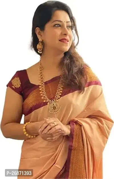 Traditional Cream Cotton Silk Saree with Blouse piece For Women