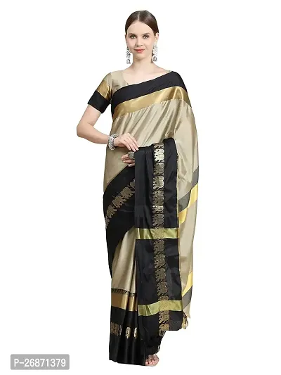 Traditional Cream Cotton Silk Saree with Blouse piece For Women-thumb0