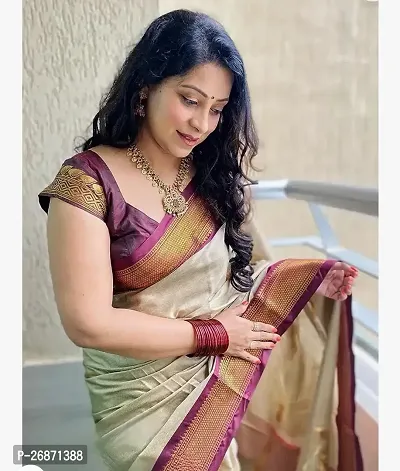 Traditional Cream Cotton Silk Saree with Blouse piece For Women