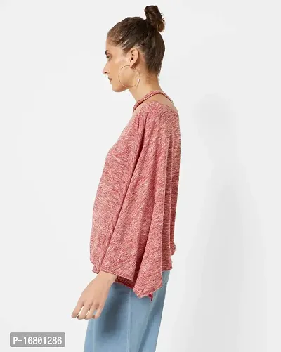 VITANS Women Cutout Neck Heathered Top (Small, Pink Knit)-thumb3