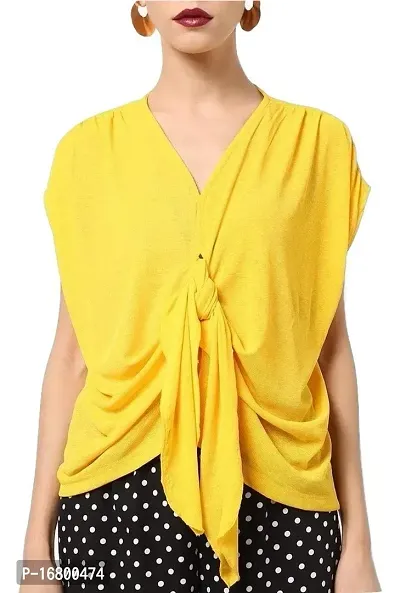 VITANS Women Tie Front Textured Knit Top (Medium, Yellow)-thumb0