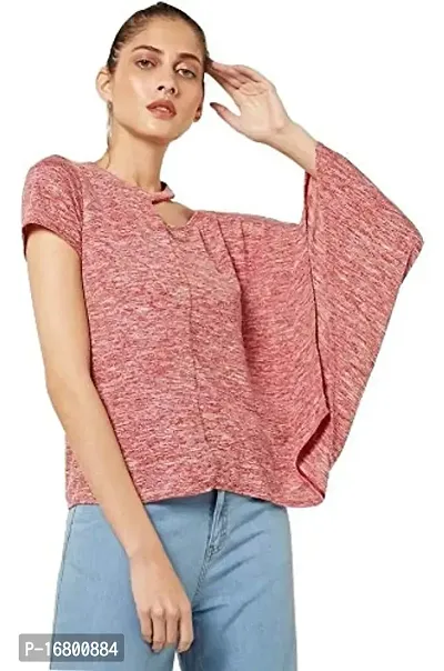 VITANS Women Cutout Neck Heathered Top (Medium, Pink Knit)-thumb0