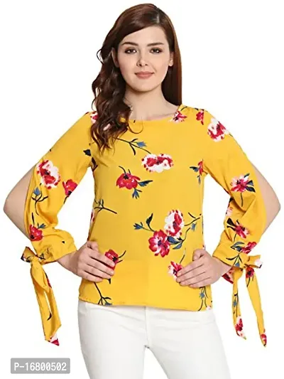 Vitans Women Floral Print Tie Cuff Top (Yellow)