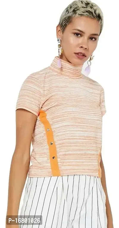 VITANS Women High Neck Striped Top (Small, Orange)-thumb0