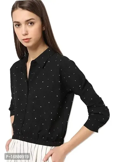 VITANS Women Elasticated Hem Button Front Text Print Shirt (Black, Large)