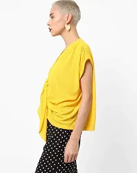 VITANS Women Tie Front Textured Knit Top (Large, Yellow)-thumb2