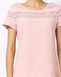 VITANS Women Lace Insert Relaxed Fit Round Neck Casual Cotton Top (Baby Pink, X-Small)-thumb2