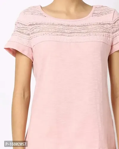 VITANS Women Lace Insert Relaxed Fit Round Neck Casual Cotton Top (Baby Pink, X-Small)-thumb3