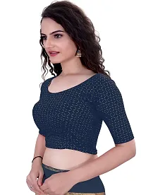 Shespire Round Neck Due Drop Stretchable Elbow Sleeve Readymade Saree Blouse for Womens Stylish (XL, Navy Blue)-thumb3